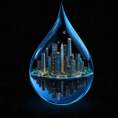 The primary subject of the image is a cityscape, which is depicted in a stylized manner. The city is shown in a glass-like, reflective surface, giving it a futuristic and surreal appearance. The setting is a dark background, which further emphasizes the cityscape. The visual style is a combination of digital art and illustration, creating a unique and captivating image. The colors and mood of the image are predominantly dark, with the cityscape serving as the focal